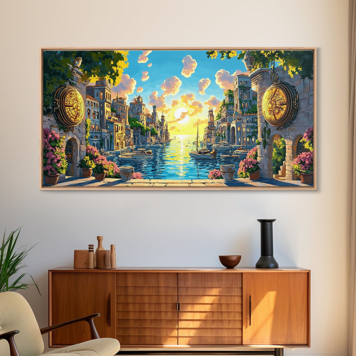 Glowing Canal City With Golden Portals Framed Canvas Print, Mediterranean Wall Art, Coastal Decor, Fantasy Landscape Art