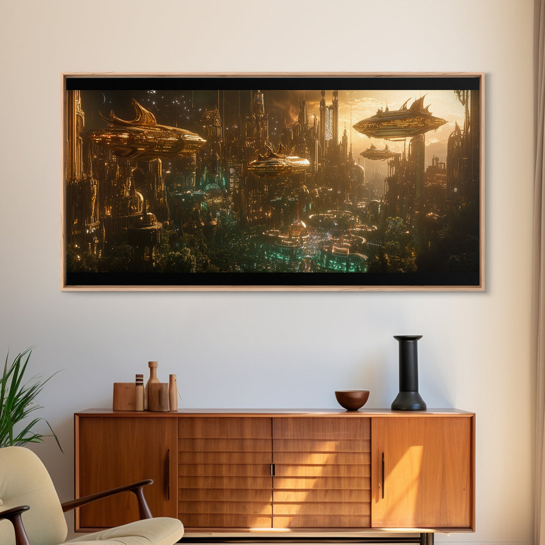 Golden Futuristic City With Airships Canvas Print, Cyberpunk Wall Art, Sci Fi Decor, Dark Fantasy Skyline, Large Wall Art