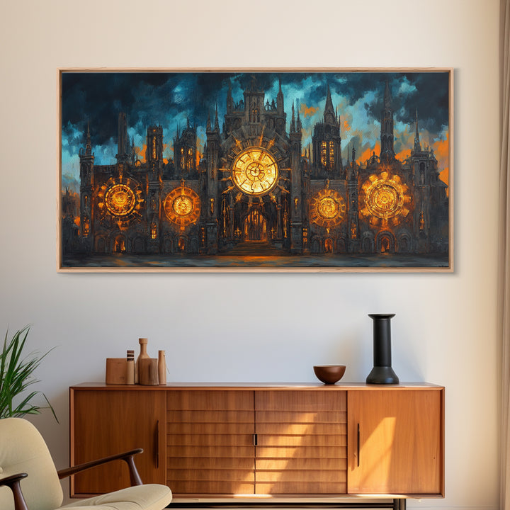 Gothic Clockwork Cathedral With Glowing Clocks Framed Canvas Print, Dark Academia Wall Art, Steampunk Decor, Large Wall Art