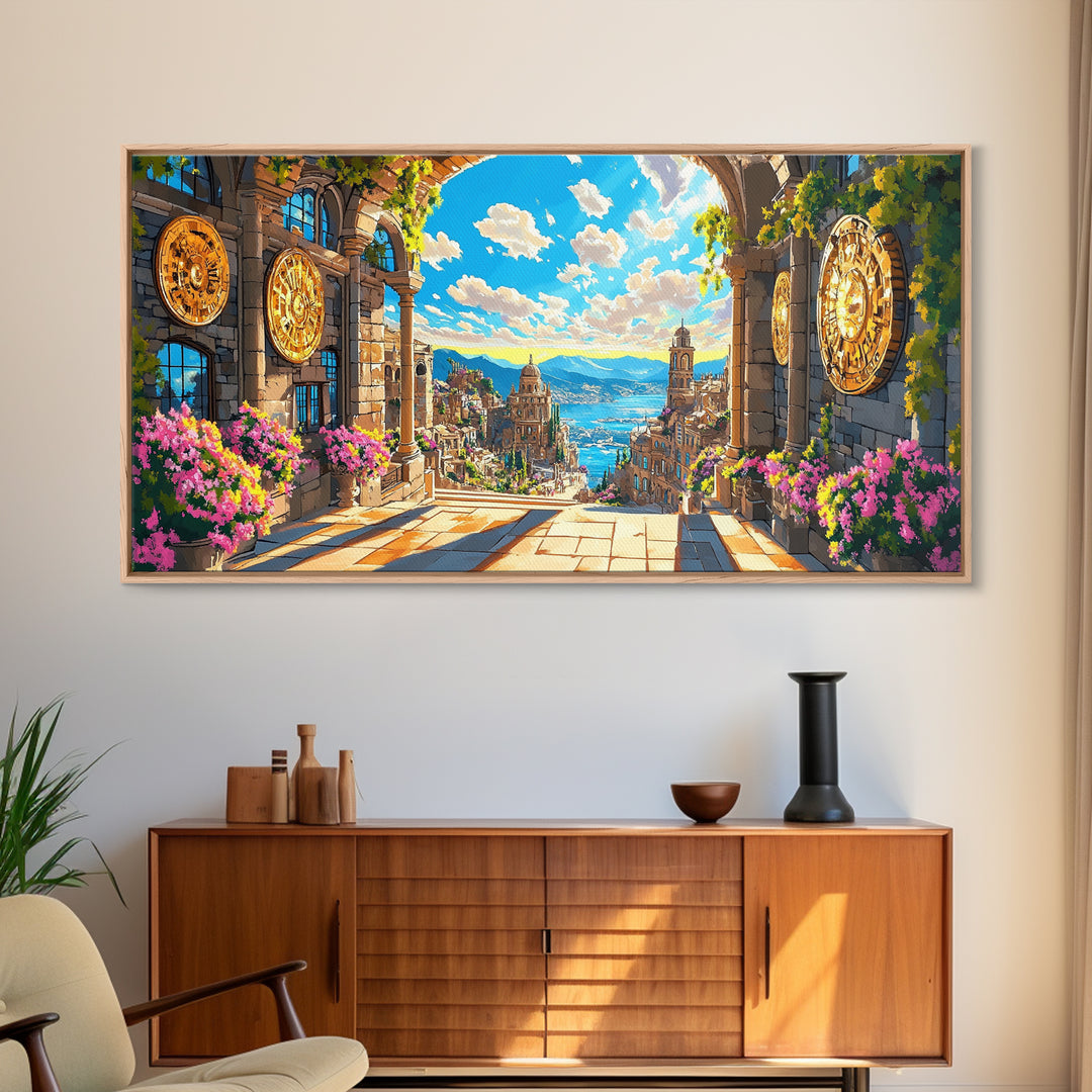 Sunlit Mediterranean Archway And Floral Coastal City Wall Art, Fantasy Italy Seascape Print, Large Travel Decor Home Decor Canvas Print