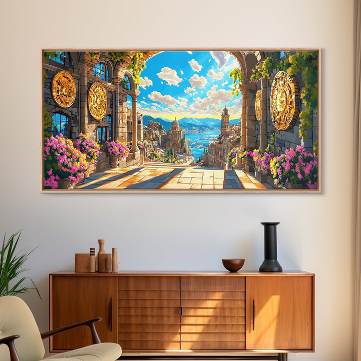Sunlit Mediterranean Archway And Floral Coastal City Wall Art, Fantasy Italy Seascape Print, Large Travel Decor Home Decor Canvas Print