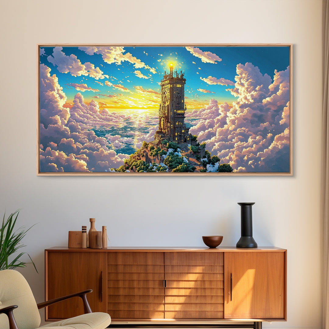 Golden Tower Above The Clouds Canvas Print, Fantasy Sky Castle Wall Art, Celestial Sunset Landscape For Living Room Decor