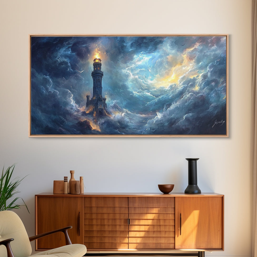 Stormy Lighthouse In Rolling Clouds Framed Canvas Print, Moody Seascape Wall Art, Dark Fantasy Ocean Decor For Living Room