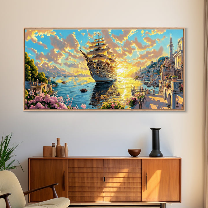 Golden Sailing Ship At Sunset Framed Canvas Print, Amalfi Coast Wall Art, Mediterranean Seascape Large Coastal Travel Home Decor