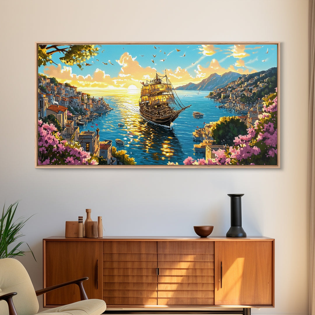 Ornate Ship In Sunlit Harbor Canvas Print, Mediterranean Coastal Wall Art, Floral Seascape Travel Home Decor For Living Room