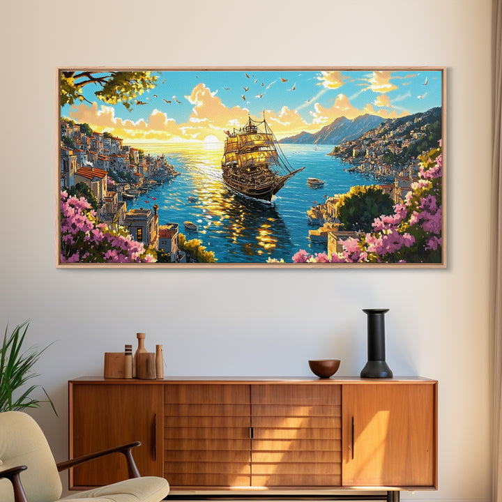 Ornate Ship In Sunlit Harbor Canvas Print, Mediterranean Coastal Wall Art, Floral Seascape Travel Home Decor For Living Room