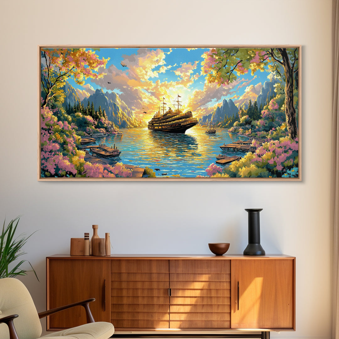Mountain Lake With Blooming Flowers Wall Art, Fantasy Sailing Ship Canvas Print, Colorful Nature Landscape Large Home Decor
