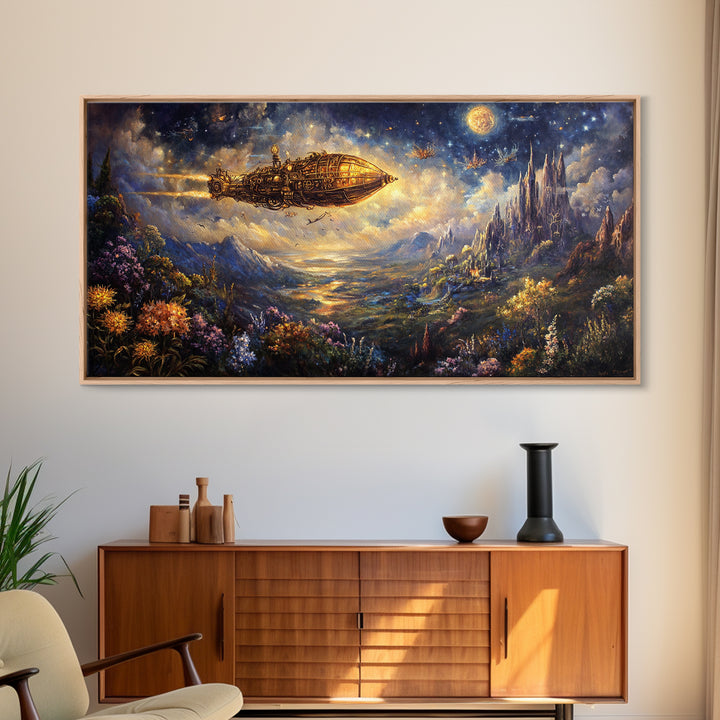 Golden Airship Over Moonlit Castle Valley Framed Canvas Print, Celestial Fantasy Wall Art, Steampunk Landscape Decor For Living Room