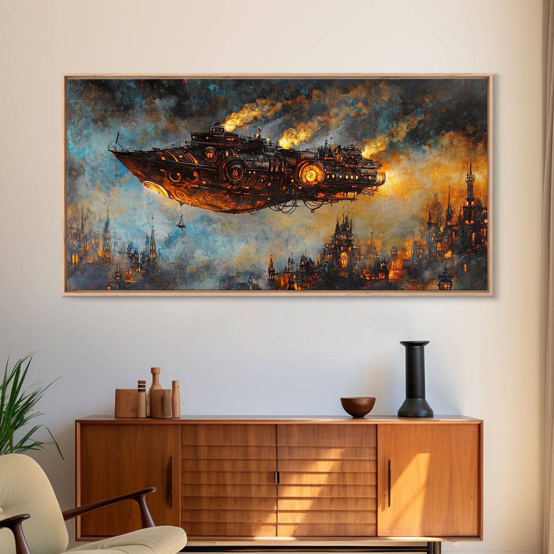 Dark Steampunk Airship Above Industrial City Canvas Print, Sci Fi Fantasy Wall Art, Moody Urban Living Room Decor For Home Office