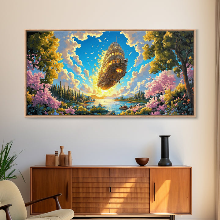 Golden Steampunk Airship Over Blossom Lake Canvas Print, Large Fantasy Landscape Wall Art, Whimsical Coastal Home Decor Gift