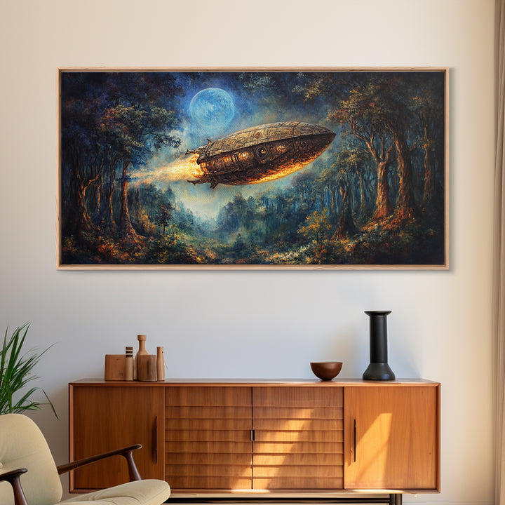 Moonlit Steampunk Airship In Dark Forest Framed Canvas Print, Fantasy Wall Art, Moody Gothic Living Room And Office Decor