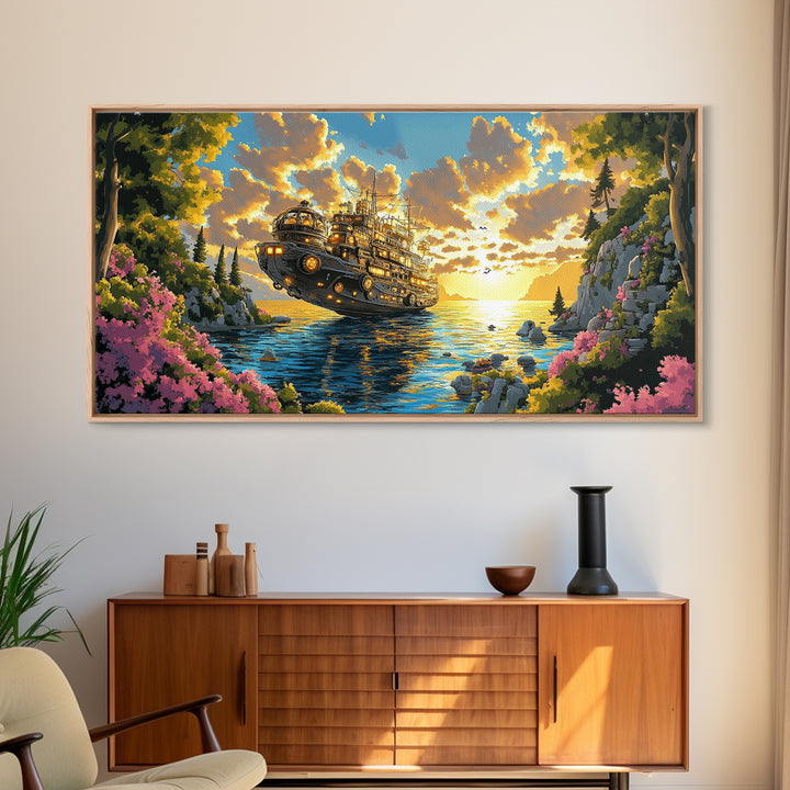 Mechanical Steampunk Ship On Sunlit Mountain Lake Canvas Print, Fantasy Wall Art, Colorful Coastal Living Room Decor Gift