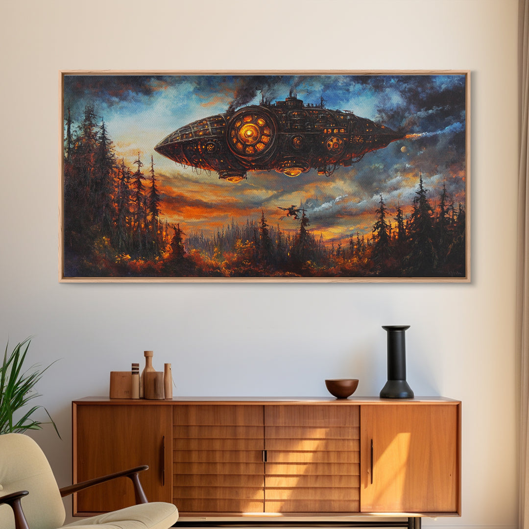 Dark Steampunk Airship Above Pine Forest Sunset Framed Canvas Print, Dystopian Sci Fi Wall Art, Moody Living Room Office Decor