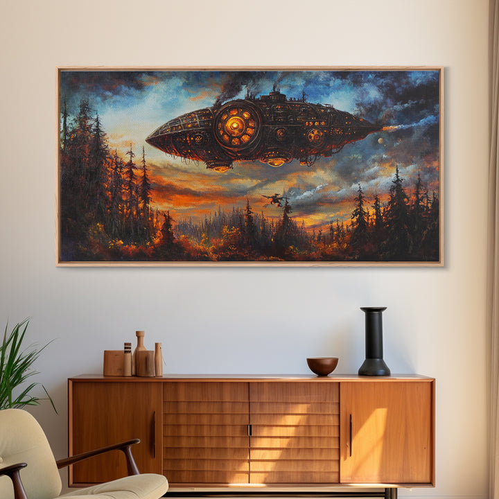 Dark Steampunk Airship Above Pine Forest Sunset Framed Canvas Print, Dystopian Sci Fi Wall Art, Moody Living Room Office Decor
