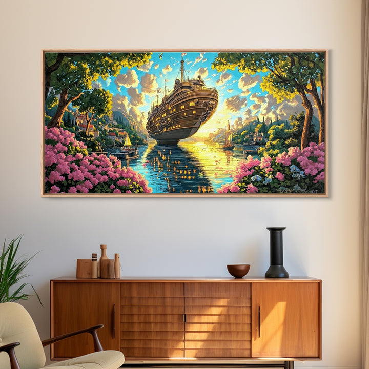 Ornate Floating Ship In Garden Harbor Canvas Print, Whimsical Fantasy Coastal Wall Art, Bright Lake House Living Room Decor