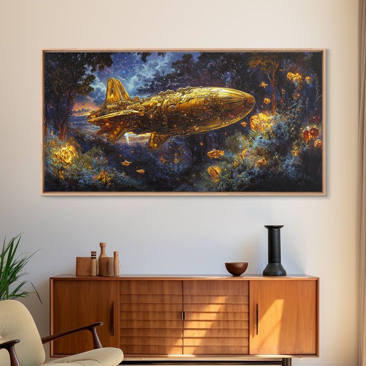 Golden Rocket Airship In Enchanted Night Forest Framed Canvas Print, Fantasy Wall Art, Firefly Woodland Decor For Bedroom