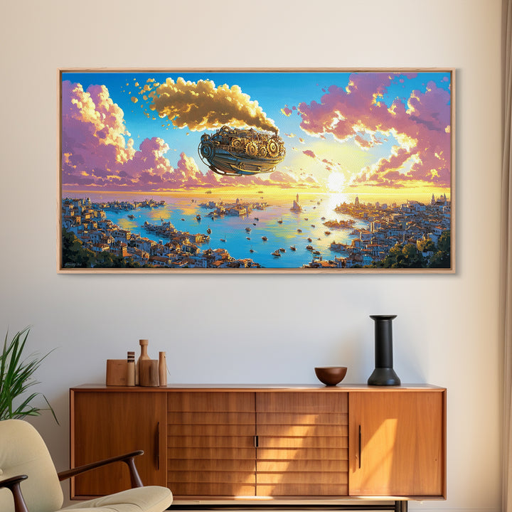 Pastel Steampunk Airship Over Coastal City Sunrise Canvas Print, Fantasy Travel Wall Art, Colorful Mediterranean Home Decor