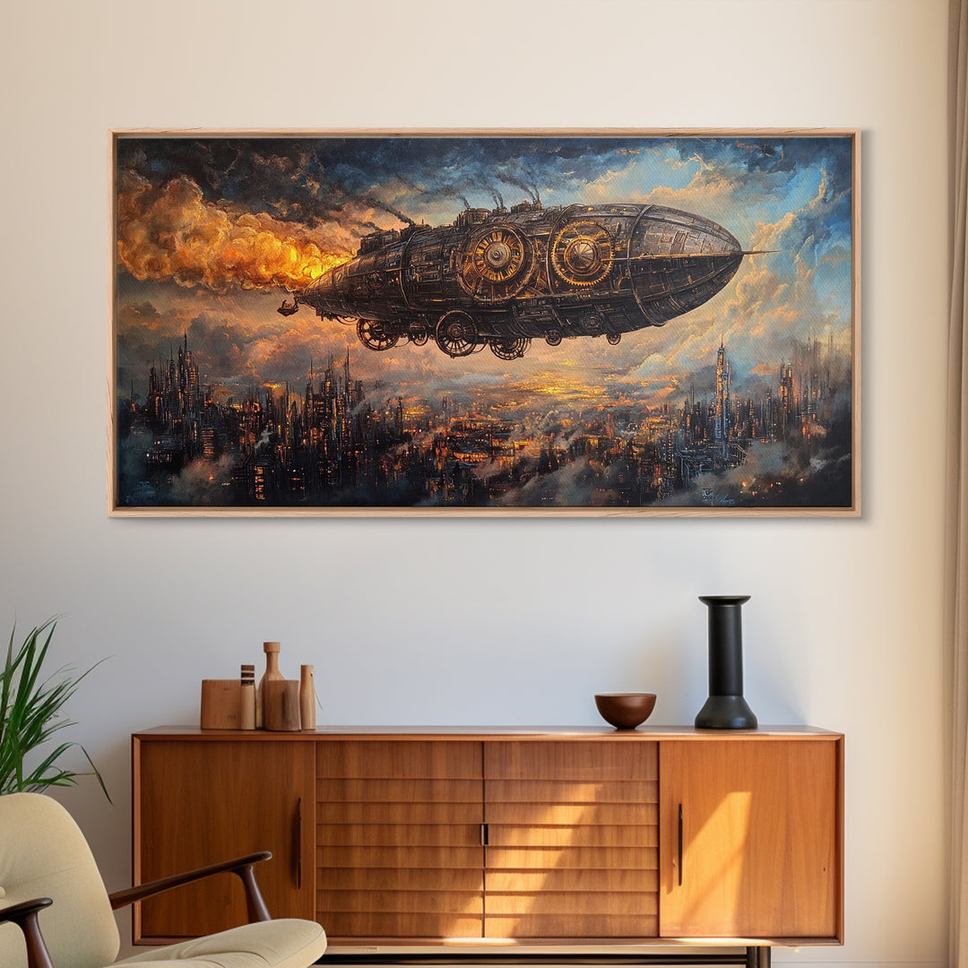 Industrial Steampunk Airship Over Dystopian City Framed Canvas Print, Sci Fi Wall Art, Dark Futuristic Living Room Office Decor