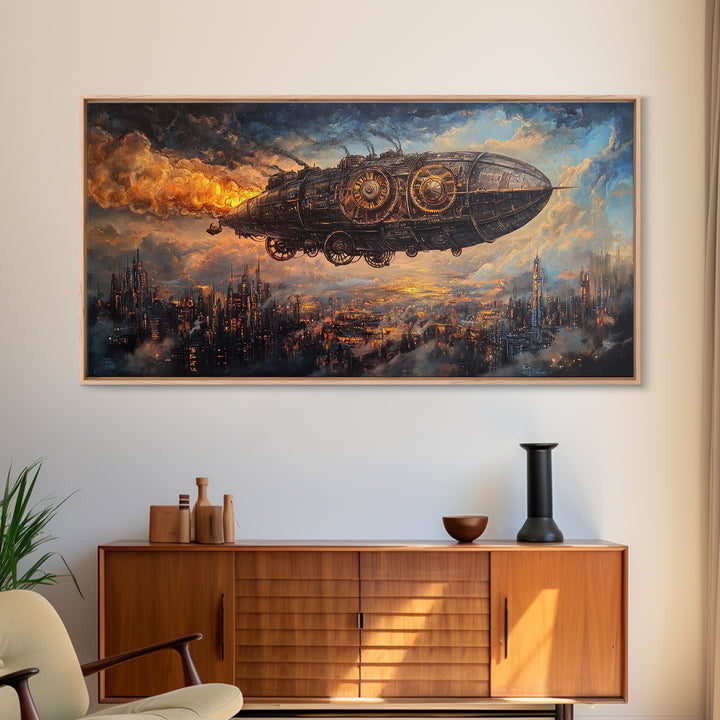 Industrial Steampunk Airship Over Dystopian City Framed Canvas Print, Sci Fi Wall Art, Dark Futuristic Living Room Office Decor