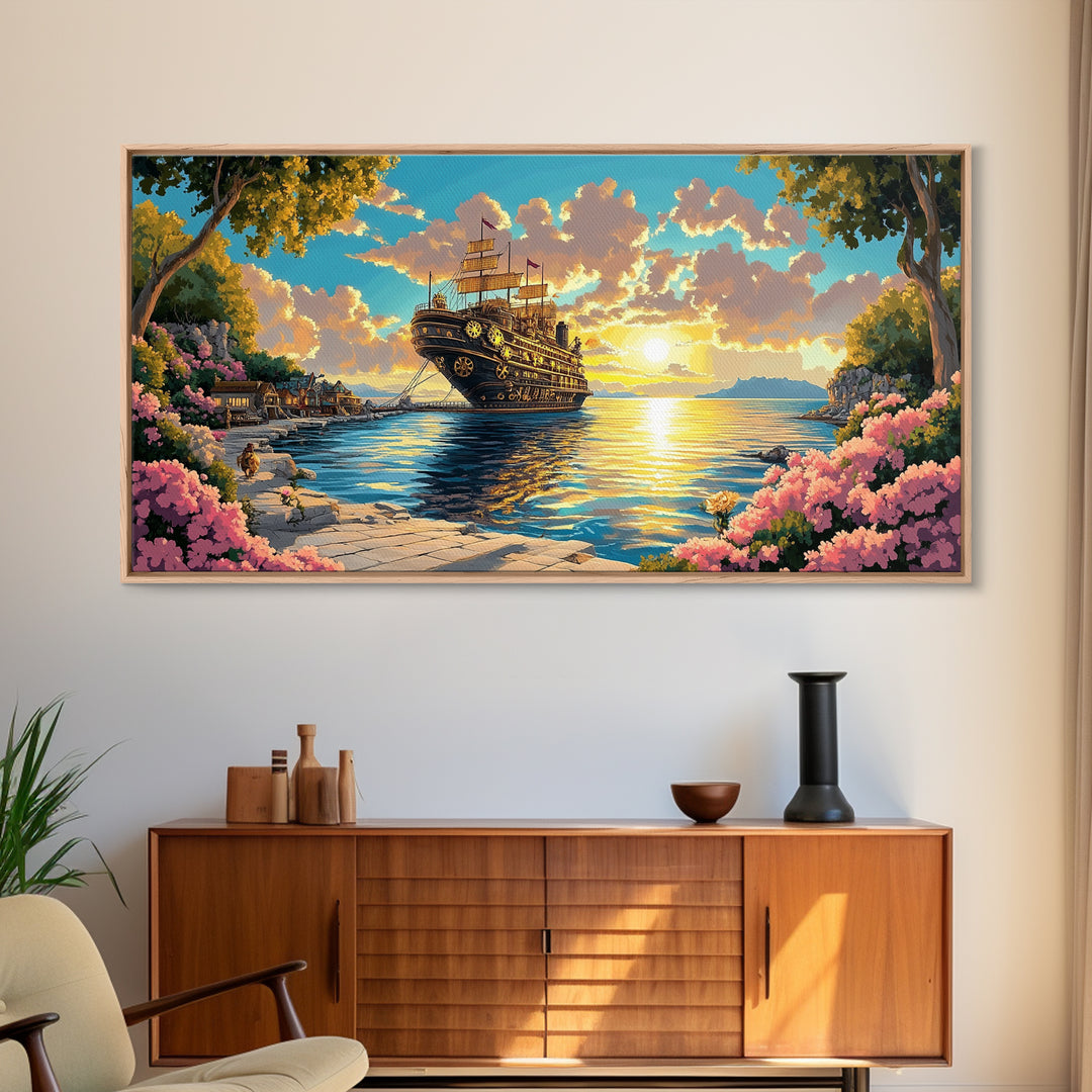 Ornate Steampunk Ship Docked In Flower Harbor Canvas Print, Fantasy Coastal Wall Art, Golden Sunset Living Room Decor Gift