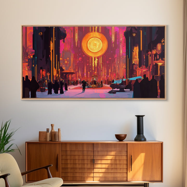 Neon Cyberpunk City With Golden Sun Disc Canvas Print, Futuristic Wall Art For Gaming Room And Modern Office Decor, Home Decor