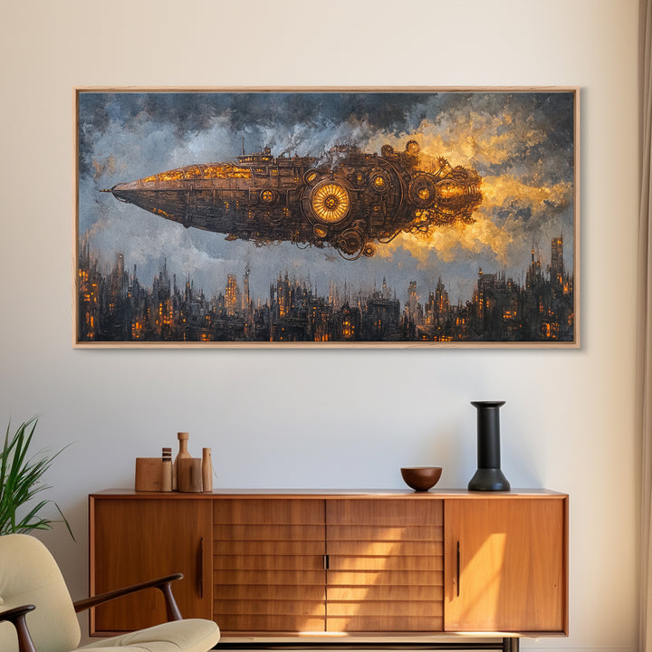 Steampunk Starship Over Smoky Dystopian Skyline Framed Canvas Print, Sci Fi Wall Art For Industrial Office And Man Cave Decor
