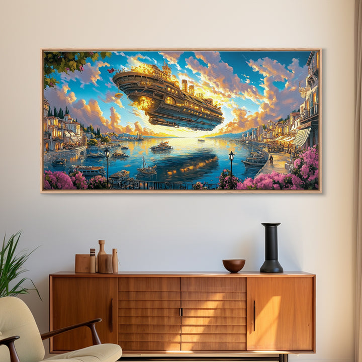 Golden Airship Above Mediterranean Harbor Canvas Print, Fantasy Travel Wall Art For Coastal Decor And Elegant Living Room Decor