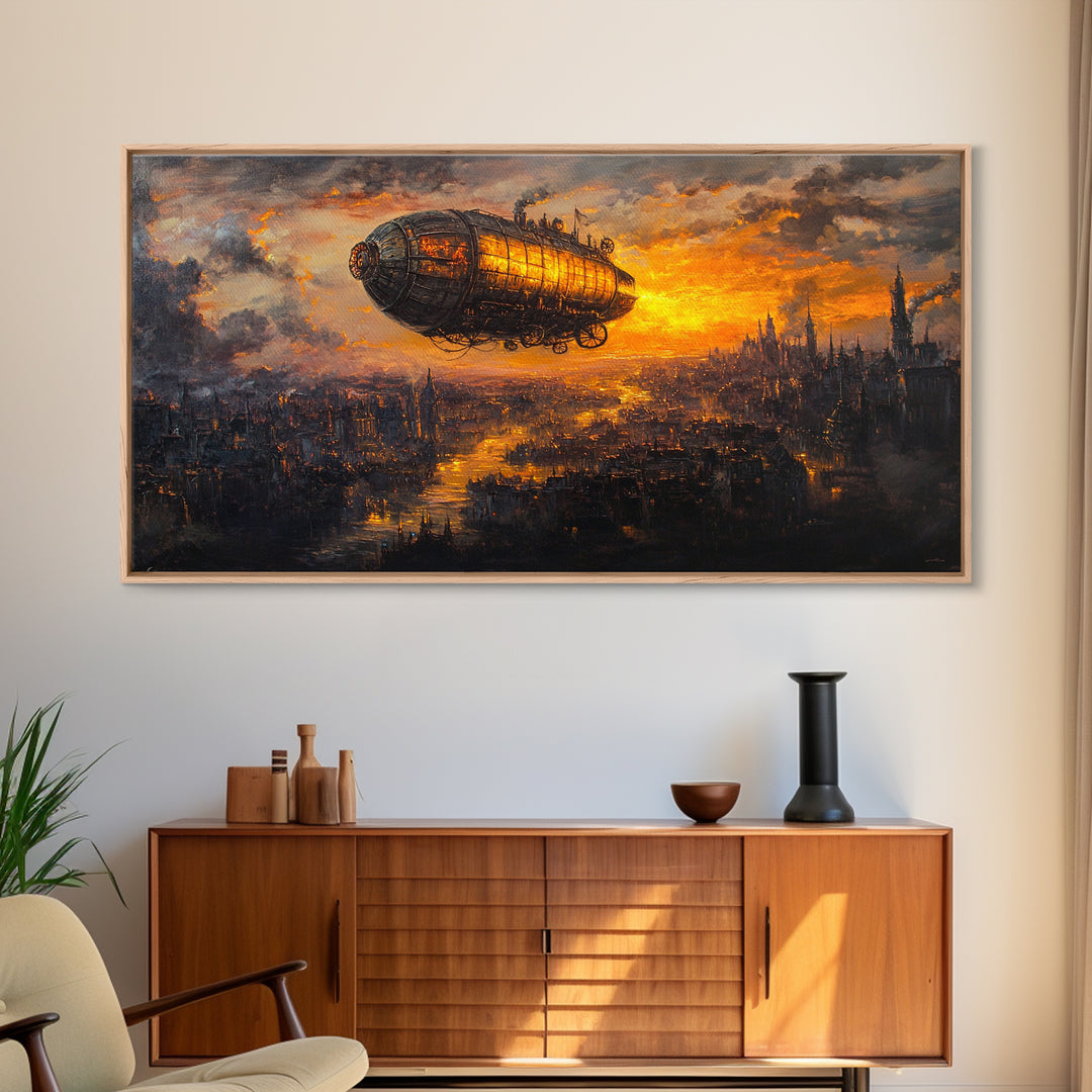 Moody Steampunk Airship At Fiery Sunset Framed Canvas Print, Dystopian City Wall Art For Gothic Office And Masculine Decor