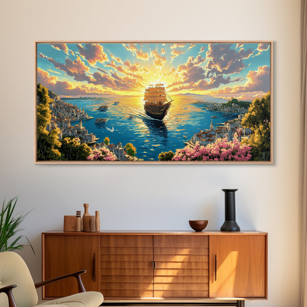 Radiant Tall Ship Sailing Into Golden Sunset Canvas Print, Nautical Wall Art For Coastal Living Room And Beach House Decor