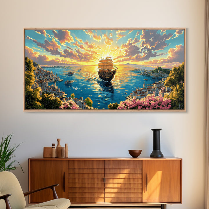 Radiant Tall Ship Sailing Into Golden Sunset Canvas Print, Nautical Wall Art For Coastal Living Room And Beach House Decor