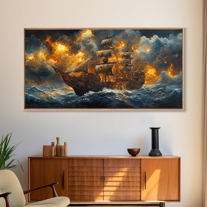 Stormy Pirate Ship In Fiery Seas Framed Canvas Print, Dramatic Nautical Wall Art For Gothic Decor And Fantasy Home Decor