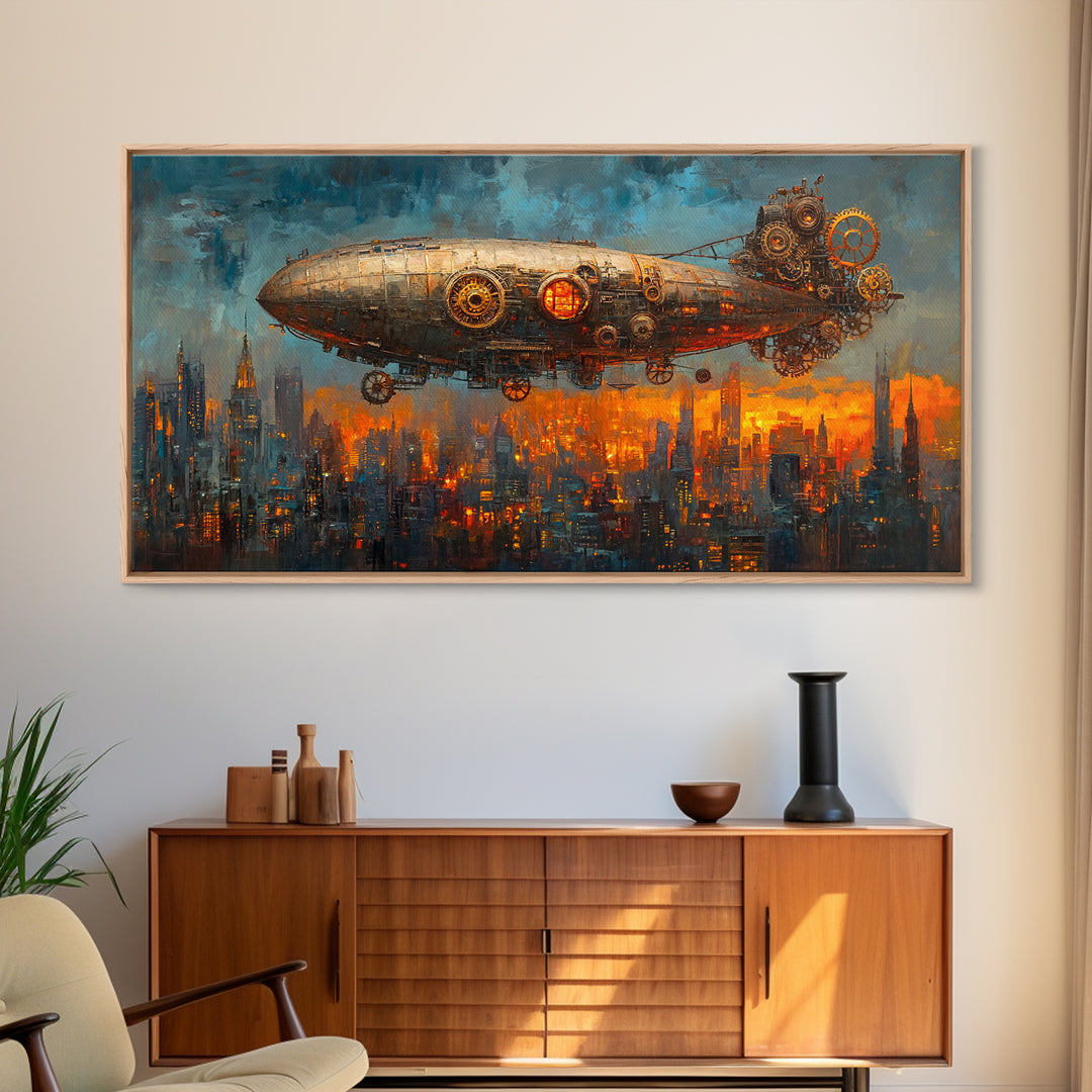 Industrial Steampunk Zeppelin Over Orange City Canvas Print, Futuristic Wall Art For Sci Fi Office Decor And Urban Home Decor