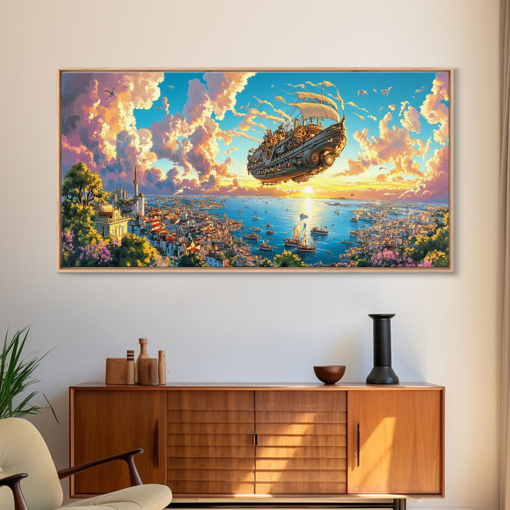 Flying Galleon Above Sunlit Coastal City Canvas Print, Whimsical Fantasy Wall Art For Travel Decor And Bright Living Room