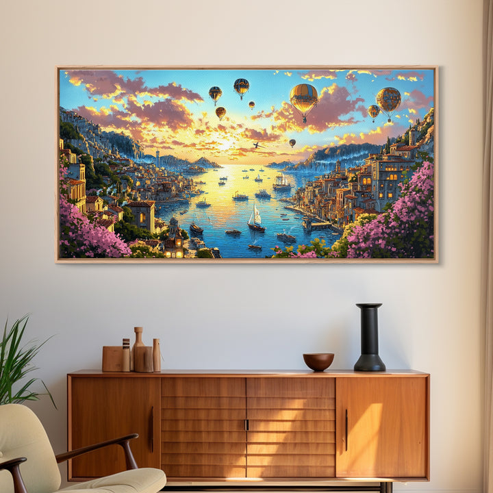 Hot Air Balloons Over Golden Harbor Canvas Print, Whimsical Coastal Wall Art For Travel Inspired Decor And Living Room Decor