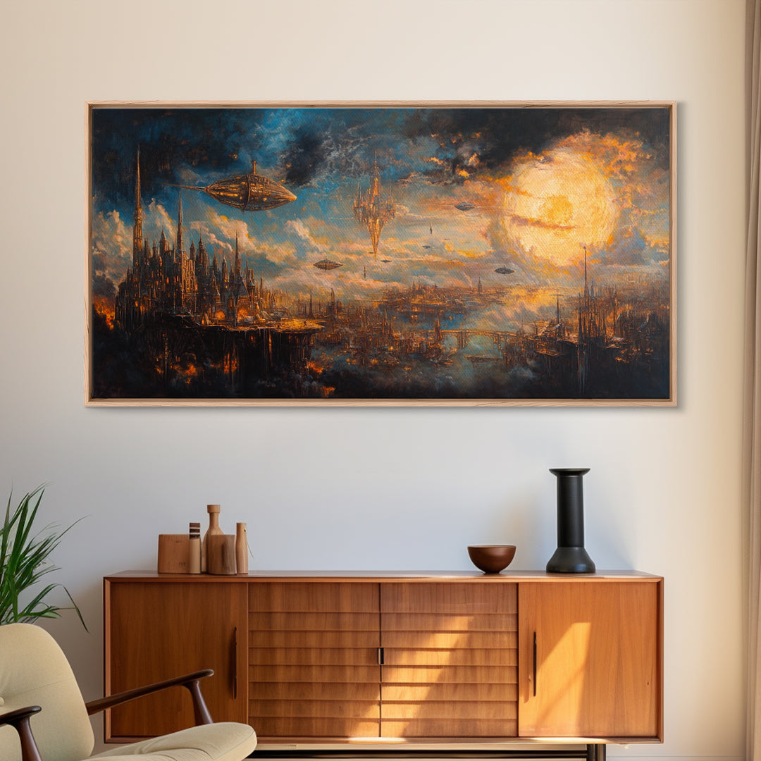Steampunk Sky City With Airships Wall Art, Futuristic Fantasy Landscape, Dark Sci Fi Decor, Large Canvas Print For Office