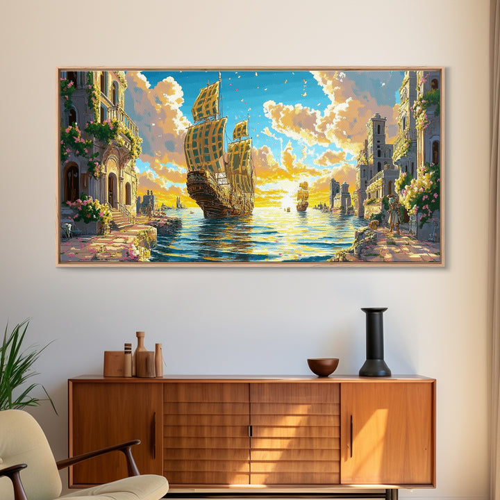 Golden Sailing Ship Canal Wall Art, Mediterranean Coastal Decor, Fantasy Seascape Canvas Print, Vibrant Living Room Art Print