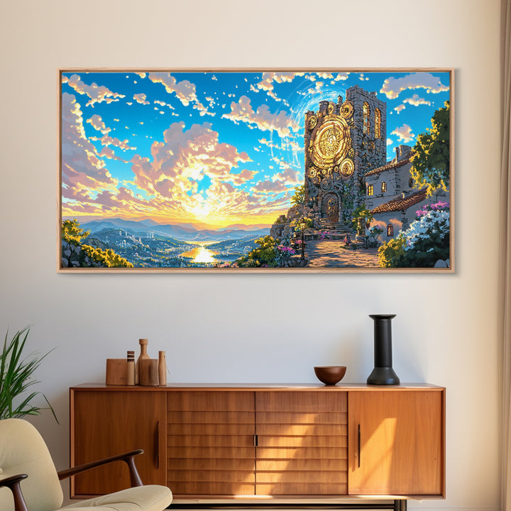 Golden Clock Tower At Sunset Wall Art, Steampunk Fantasy Landscape, Framed Canvas Print, Vibrant Travel Poster Decor Gift