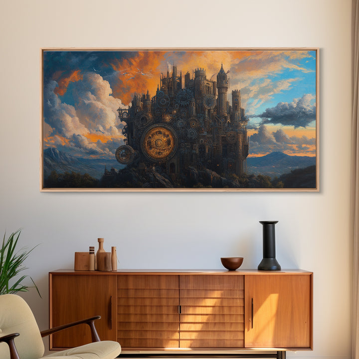 Dark Mechanical Castle At Dusk Wall Art, Gothic Steampunk Fantasy, Moody Landscape Framed Canvas Print, Statement Office Decor