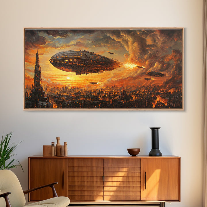 Fiery Airship Over Burning City Wall Art, Dark Steampunk Sci Fi Decor, Futuristic Landscape Canvas Print, Man Cave Art Gift