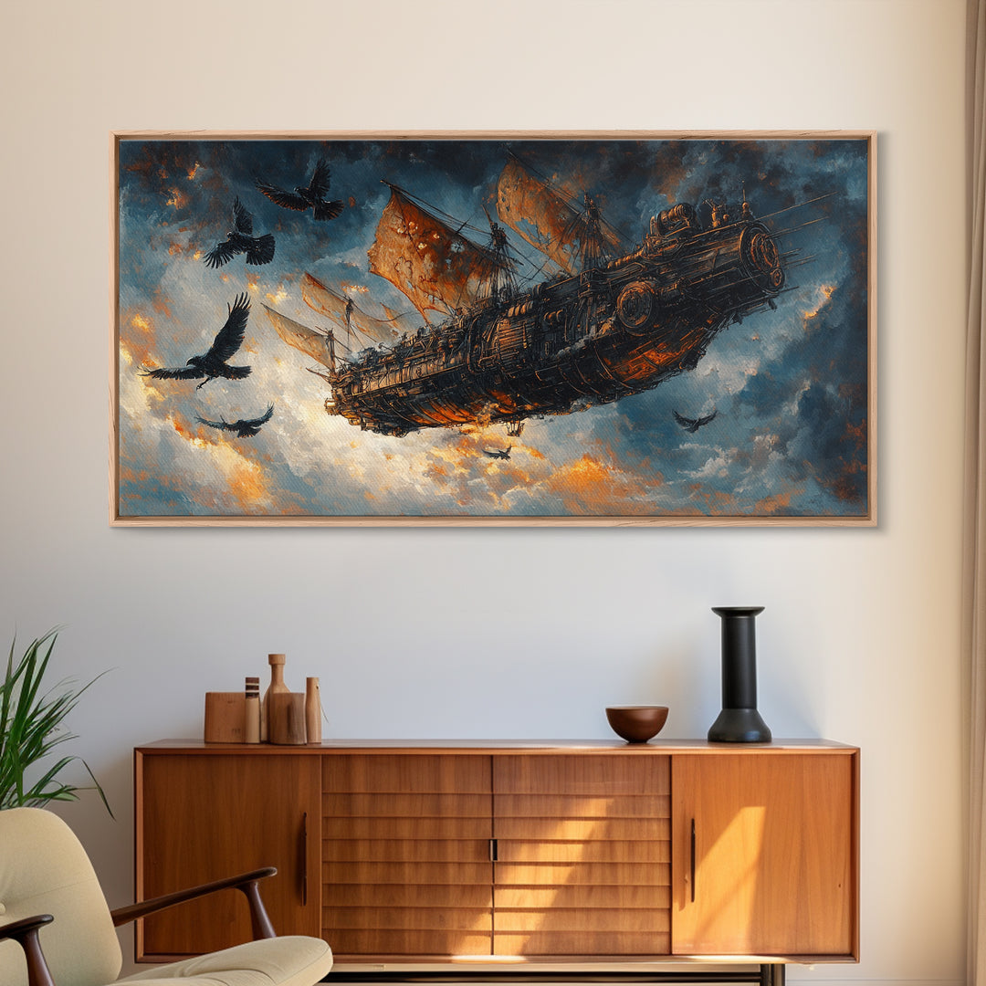 Dark Flying Pirate Ship Wall Art, Steampunk Fantasy Skyship, Gothic Adventure Canvas Print, Moody Sci Fi Office Decor Gift