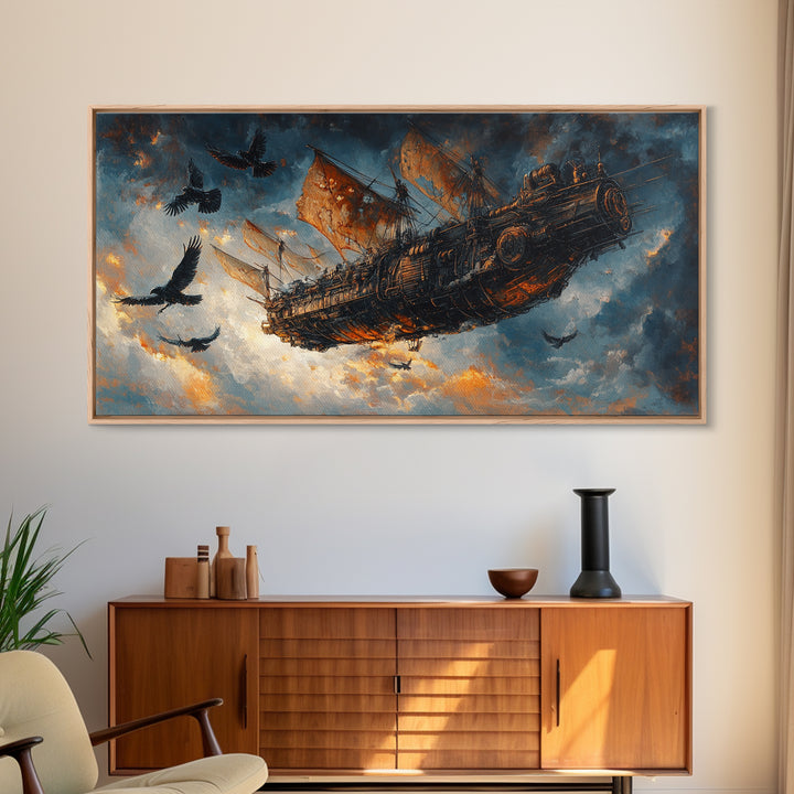 Dark Flying Pirate Ship Wall Art, Steampunk Fantasy Skyship, Gothic Adventure Canvas Print, Moody Sci Fi Office Decor Gift