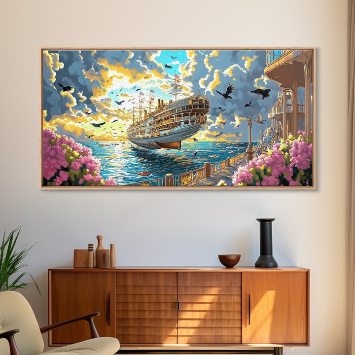 Sunlit Flying Ship By Floral Coast Wall Art, Whimsical Coastal Fantasy, Vibrant Canvas Print, Nautical Living Room Decor