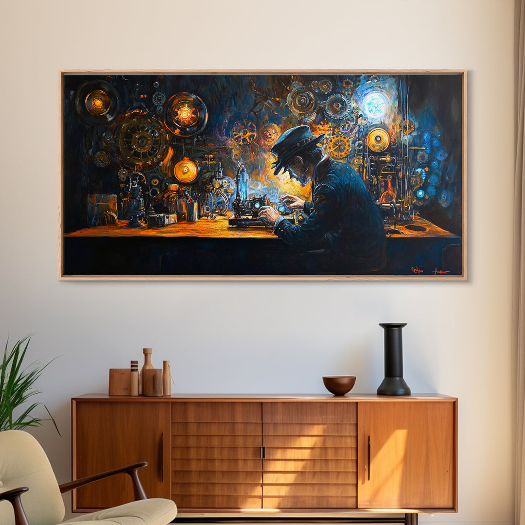 Steampunk Inventor At Workbench With Glowing Gears Framed Canvas Print, Dark Academia Wall Art, Office Decor, Gift For Him