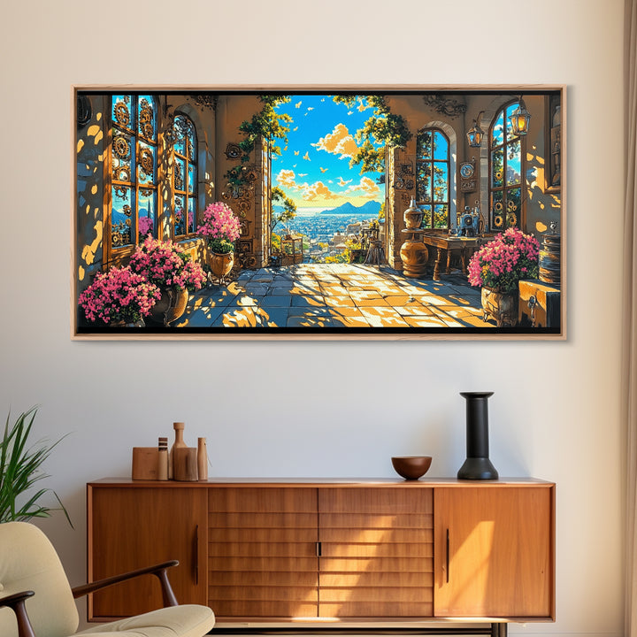 Sunlit Mediterranean Terrace With Pink Flowers Canvas Print, Coastal Wall Art, Italian Home Decor, Living Room Decor Gift