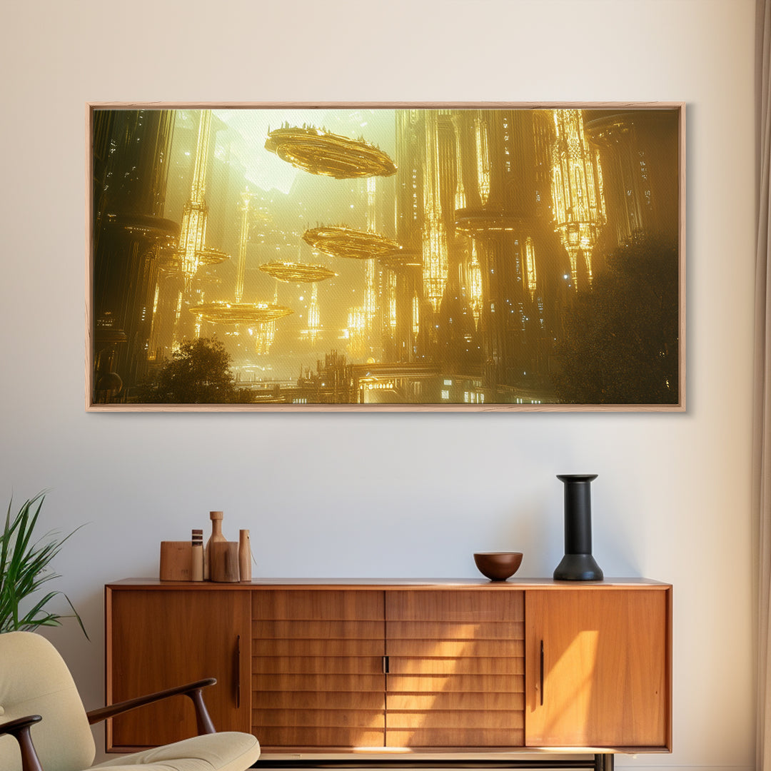 Golden Futuristic City With Floating Airships Framed Canvas Print, Sci Fi Wall Art, Cyberpunk Decor, Statement Artwork Gift For Him