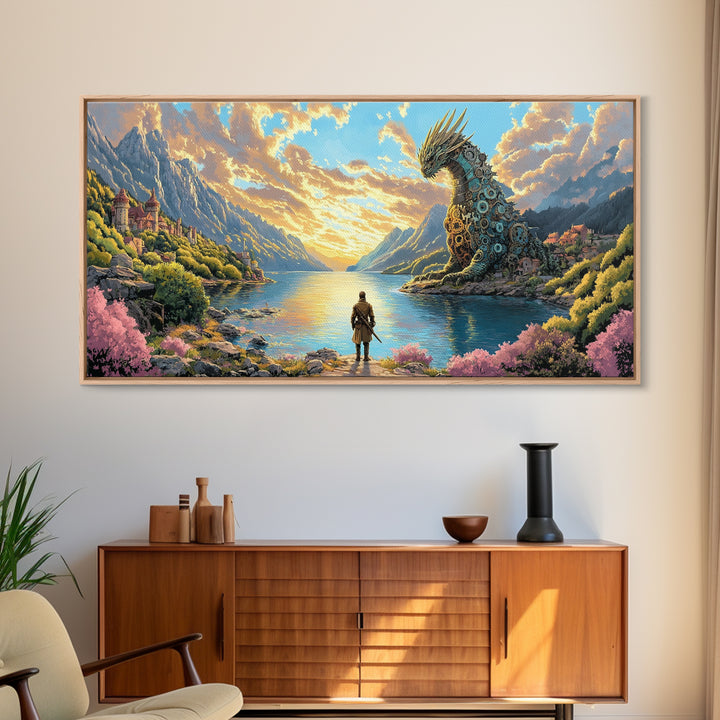 Hero Facing Giant Mechanical Dragon On Alpine Lake Canvas Print, Fantasy Wall Art, Mountain Wall Art, Adventure Home Decor
