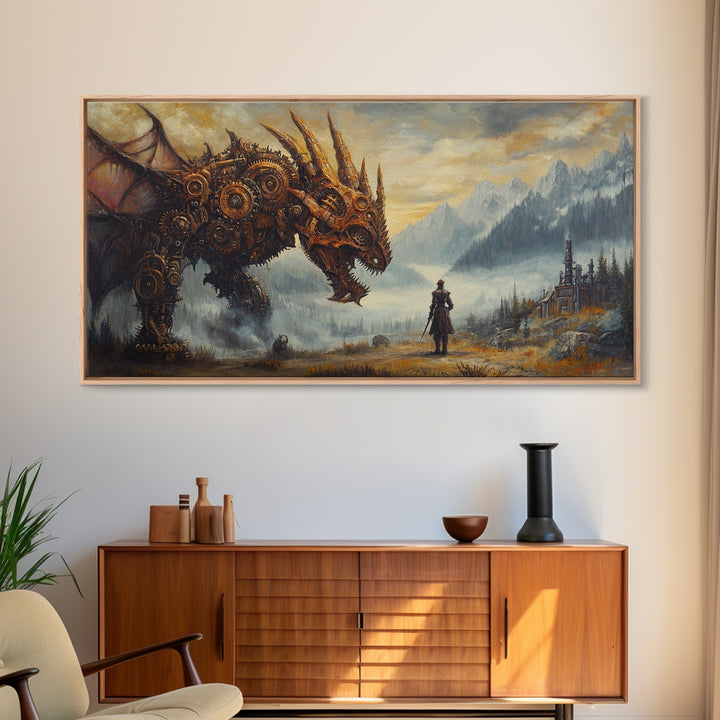Steampunk Dragon Confronting Lone Traveler Framed Canvas Print, Fantasy Wall Art, Gothic Decor, Mountain Landscape Art, Gift For Him