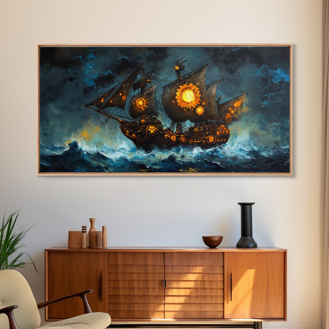 Stormy Steampunk Pirate Ship With Glowing Gears Canvas Print, Nautical Wall Art, Dark Fantasy Art, Moody Seascape Decor Gift For Him