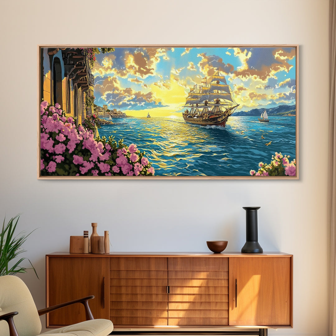 Sunset Tall Ship Sailing Past Flowered Balcony Canvas Print, Coastal Wall Art, Nautical Decor, Mediterranean Home Decor, Gift For Her