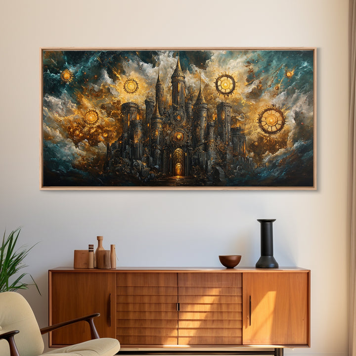Dark Clockwork Castle Under Stormy Skies Framed Canvas Print, Gothic Wall Art, Steampunk Decor, Fantasy Home Decor, Statement Artwork